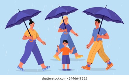 Lost child at street. Boy stands outdoors in rainy weather near crowd of men and women. Scared kid with negative feelings and emotions. Cartoon flat vector illustration isolated on blue background