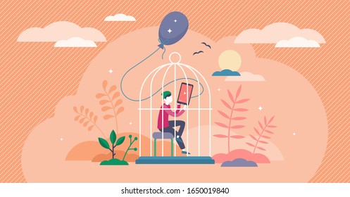 Lost childhood concept, flat tiny person vector illustration. Lonely kid inside the cage of the digital entertainment. Lack of activity and spending passive time indoors.Socially isolated young person