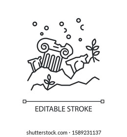 Lost city linear icon. Ancient ruins in ocean. Columns underwater. Damaged pillar on sea bottom. Lost city. Thin line illustration. Contour symbol. Vector isolated outline drawing. Editable stroke