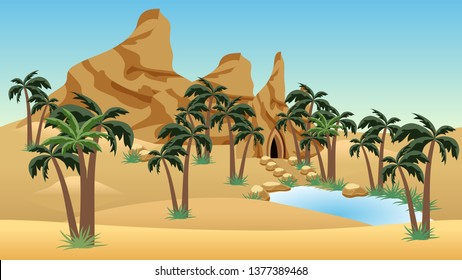 Lost city oasis in  desert - landscape scene  for cartoon or game background or level location. Can be used as game asset. Sand dunes, rocks, palms, house in cave, blue lake. Vector illustration.