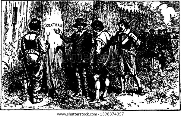 The lost colony of Roanoke,an independent\
city in the U.S. state of Virginia,vintage line drawing or\
engraving illustration.