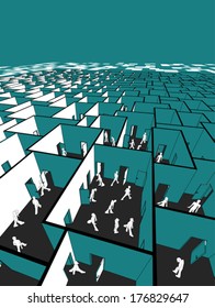 lost and confused people in endless cubical labyrinth