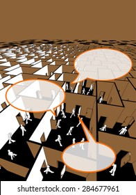 lost and confused people in endless cubical labyrinth with speech bubbles