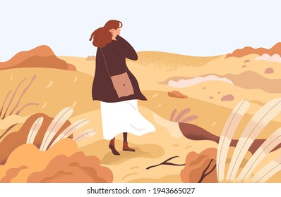 Lost confused person wandering alone through her ruined life. Concept of exploring unknown areas, beginning smth new and starting from scratch. Colored flat vector illustration of woman in wilderness