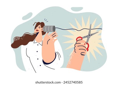 Lost connection between woman using telephone from jar and wire, due to hand cutting rope. Girl listens to gossip from interlocutor using homemade phone, becomes deaf due to loss of communication