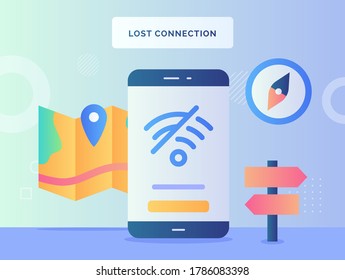 Lost Connection Concept Wifi Icon Cross Out No Signal Internet Access On Display Smartphone Screen Background Of Compass Map Signpost With Flat Style.