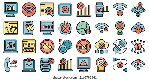 Lost connection icons set outline vector. Atenna available. Signal cell thin line color flat on white