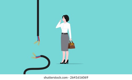 lost connection, system error or broken page, Disconnected wires from the outlet, 404 error page not found on website, server problems or loss of signal, confused businesswoman with disconnected cable