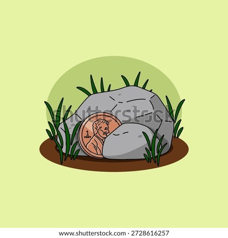 A lost copper penny found among the rocks and grass. National Lost Penny Day, February 12th