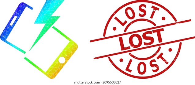 Perdida foca corroída y bajo color arcoiris icono de choque de smartphone con gradiente. El sello rojo contiene el título Perdido dentro del círculo y la plantilla de líneas.