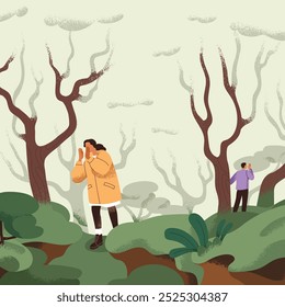 Lost couple searching for each other in fog, forest. Man and woman walking in wilderness, seeking, calling partner. Communication and relationship problem, psychology concept. Flat vector illustration