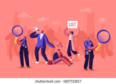 Lost in Crowd Concept, Big City Social Problem, Human Behavior in Stress Situation, Frustration and Fear. Female Character Get Lost, Police Help, Announcement. Cartoon People Vector Illustration