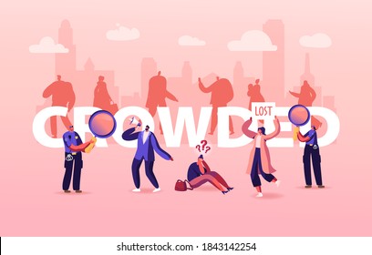 Lost in Crowd Concept, Big City Social Problem, Human Behavior in Stress Situation, Frustration and Fear. Female Character Get Lost in Crowded Place Poster Banner Flyer. Cartoon Vector Illustration