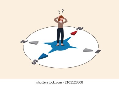 Lost direction, frustrated to make decision or challenge to find right solution, unknown career path or work guidance concept, confused businesswoman in the middle of compass thinking which way to go.