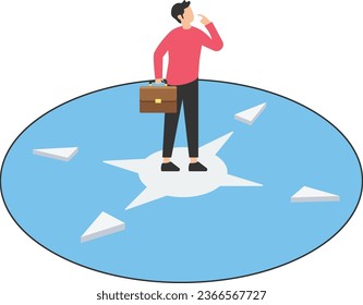 Lost direction, Frustrated to make a decision, Challenge to find the right solution, Unknown career path or work guidance, Middle of compass, Thinking which way to go

