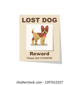 Lost dog. Reward for the find. Missing poster. Lost puppy poster.  