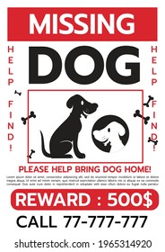 Lost Dog. Reward for the find. Missing poster template. Lost pet poster. Sheet with the announcement of disappearance of pet on bulletin board. Vector illustration flat design.