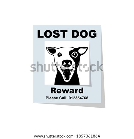 Lost dog. Reward for the find. Missing poster. Lost puppy poster. Sheet with the announcement of disappearance of pet on bulletin board. Vector illustration flat design. Isolated on white background.