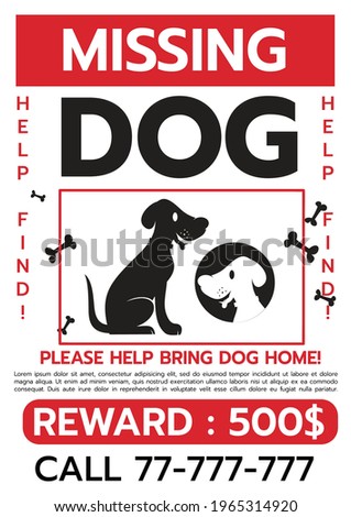 Lost Dog. Reward for the find. Missing poster template. Lost pet poster. Sheet with the announcement of disappearance of pet on bulletin board. Vector illustration flat design.