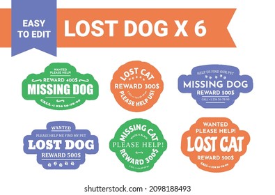 Lost Dog Sticker Set, Isolated On White Design. Missing Pet Symbol Collection, Vector Illustration. Emblem With Reward Sign. Help Owner To Find Cat, Domestic Animal, Icon With Text Concept