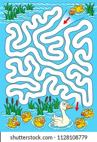 Lost duckling. Help duck to find a path to mum and siblings. Labyrinth for kids.
Vector illustration of labyrinth, maze with entry and exit.