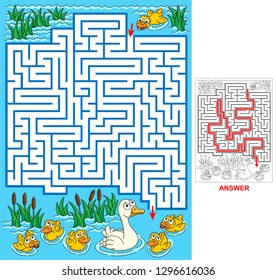 Lost duckling. Help duck to find a path to mum and siblings. Labyrinth for kids.
Vector illustration of labyrinth, maze with entry and exit.