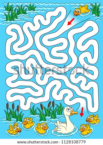 Lost duckling. Help duck to find a path to mum and siblings. Labyrinth for kids.
Vector illustration of labyrinth, maze with entry and exit.