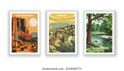 Lost Dutchman, State Park, Luberon, Provence, France, Lüneburg Heath, Germany - Vintage travel poster. Vector illustration