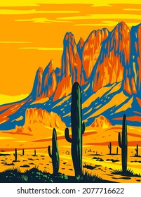 Lost Dutchman State Park Showing Flat Iron in the Superstition Mountains in Arizona USA WPA Poster Art
