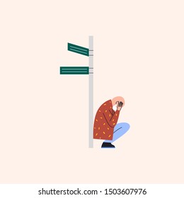 Lost elderly man sitting under street pointer and crying. Old man showing confusion with time and place waiting for help. Alzheimer's symptom. Flat vector illustration