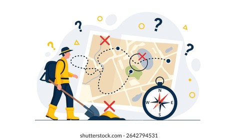 Lost and Finding a Treasure Map With Compass Guidance and Outdoor Expedition Concept