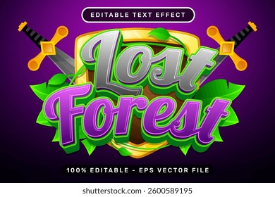 lost forest 3d text effect with swords shield and leaves illustration