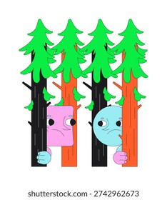 Lost in forest funky groovy flash message error illustration. 70s characters hiding behind fir trees. UI empty state. Failure web design. Mobile onboarding. Flat vector concept. Micro UX scene