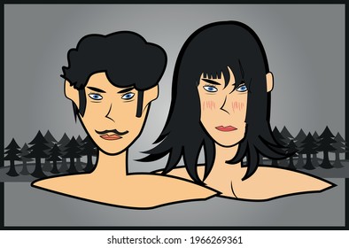 Lost in the forest twillight romantic cool couple naked had a serious expression and gave a beautiful artistic element, and a sweet moment grey pine trees background flat vector