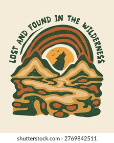 Lost and Found Howling Wolf Mountain Landscape T-Shirt Design with Rainbow and River