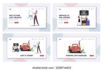 Lost and Found Landing Page Template Set. Travelers Characters Claim Baggage on Airport Conveyor Belt. Upset Passenger Lose Suitcase. Tiny Woman with Huge Key Bunch. Cartoon People Vector Illustration