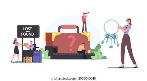 Lost and Found Luggage Concept. Travelers Characters Claim Baggage on Airport Conveyor Belt or Office. Upset Passenger Lose Suitcase. Tiny Woman with Huge Key Bunch. Cartoon People Vector Illustration