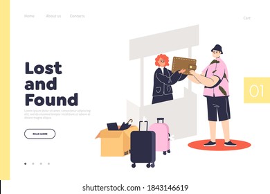 Lost and found office website landing page for service of finding and returning lost stuff. Cartoon people helping with things lost concept. Flat vector illustration