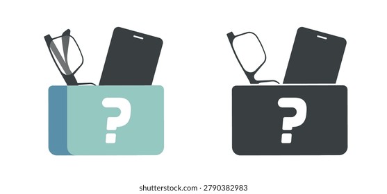 Lost and found property box icon, forgotten belongings things items bin sign symbol modern vector graphic illustration set, retrieval service desk, unclaimed place storage image clip art