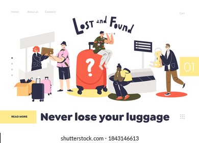 Lost and found service in airport landing page for website. Loosing luggage while travel concept. Web banner for office of airline passengers loosing baggage. Flat vector illustration