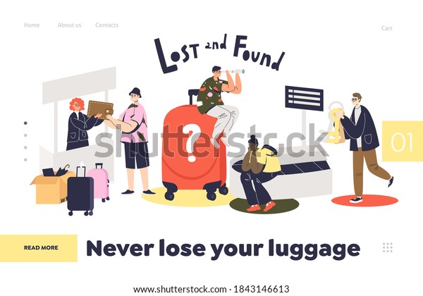 Lost\
and found service in airport landing page for website. Loosing\
luggage while travel concept. Web banner for office of airline\
passengers loosing baggage. Flat vector\
illustration