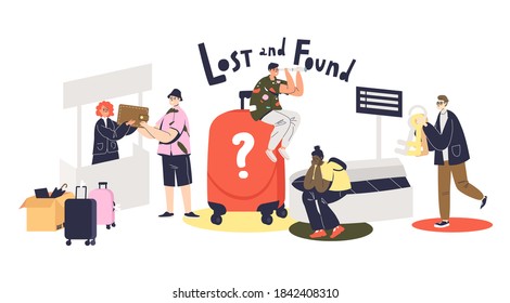 Lost and found service concept with cartoon characters loosing baggage while airline flight, finding and returning wallets and keys. Flat vector illustration