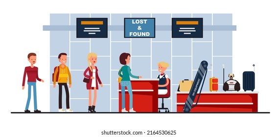 Lost and found service vector. People queue at airport terminal counter desk with administrator. Luggage and personal belongings search, find and return to owner illustration