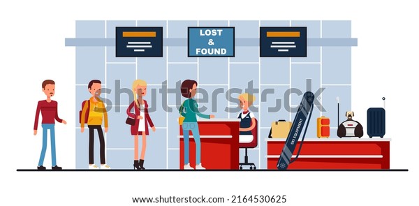 Lost and found\
service vector. People queue at airport terminal counter desk with\
administrator. Luggage and personal belongings search, find and\
return to owner\
illustration