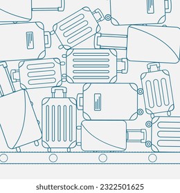 lost found trolley in holiday. heap of different set luggage. suitcase collection texture. claim at airport flat design. pile of many clean outline Baggage vector. travel summer vacation background