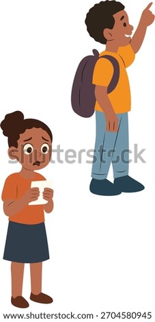 Lost Girl and Helping Boy, A girl is upset because she's lost. The boy is helping her to find the way by pointing in the distance.