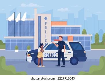 Lost girl and policeman on street flat color vector illustration. Officer helping little child. Fully editable 2D simple cartoon characters with cityscape on background. Bebas Neue font used