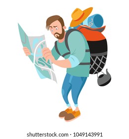 A lost guy holding a map. Vector illustration on white background.