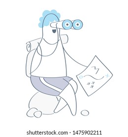 A lost guy with a map, binoculars and a backpack sits on a stone. Tourist, traveler, discoverer looking for a way, route. Flat outline ui vector illustration on white.