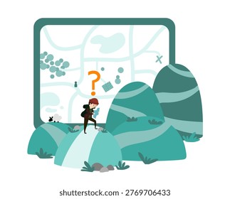 Lost hiker reading map in nature – navigation and travel concept illustration. 